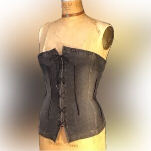 black denim lace-up corset w/brass metal zip back